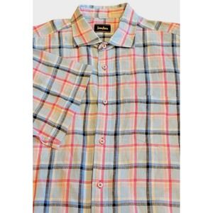 Neiman Marcus Mens Linen Shirt Button‎ Up Large Short Sleeve Plaid